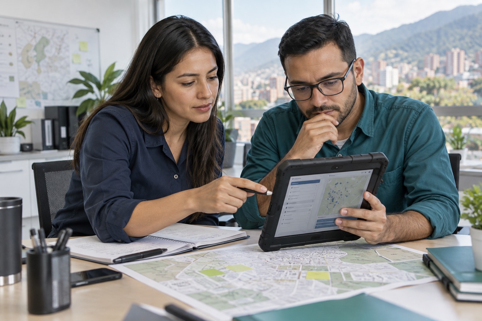 Ilustración de coordinadores revisando una tablet y un mapa para planear una caracterización
